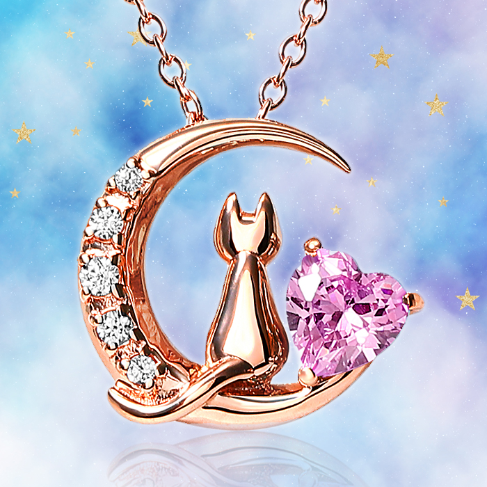 MOONLIT NECKLACE — 三日月に座る猫とハートをあしらったネックレス